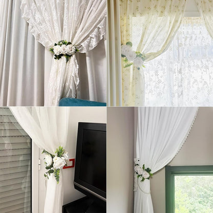 EHERDM 2pcs Flower Curtain Tiebacks Magnetic Adjustable Elegant Rose Floral Tie Backs for Curtains Drapes Decorative Cute Creative Curtain Buckle Strap for Wedding Home Office Bedroom White