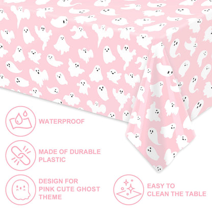 FYSUIMU 12Pcs Halloween Plastic Tablecloths White Pink Ghost Disposable Table Cover Rectangle Table Cloth for Halloween Party Decor, 54 x 108 Inch