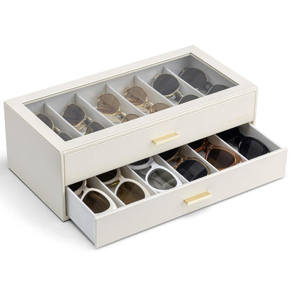 VLANDO 12-Grid Sunglasses Organizer Case, Large Capacity Eyeglass Storage Box with Clear Top Lid & 2 Drawers, PU Leather Sunglass Holder for Women Men, Ideal Gift for Eyewear Lovers - Beige