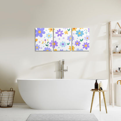 Feelyou Cute Flower 3 Piece Canvas Wall Art for Living Room Bedroom Cartoon Cute Floral Office Decor Artwork Purple Yellow Wall Art for Home Decor Kawaii Picture Posters