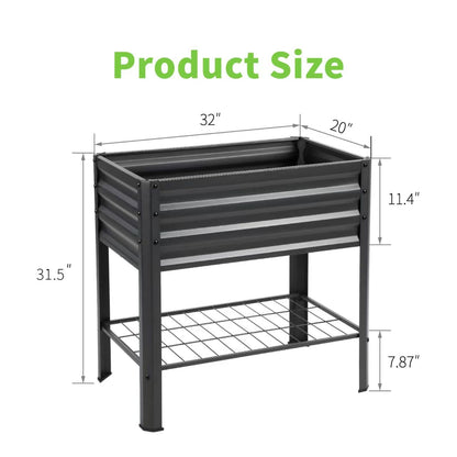 Veezyo Raised Garden Bed with Legs and Shelf, 2pcs 32"x20"x31.5" Powder Coated Elevated Metal Planter with Legs for Outdoor Vegetables, Standing Raised Beds for Balcony, Patio, Lawn and Backyard
