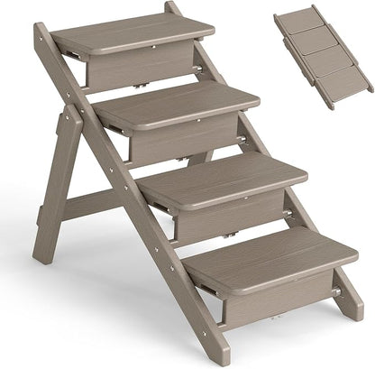 Dog Stairs and Steps, HDPE Plastic Wood Grain, 2-in-1 Foldable Pet Ramp for Small and Medium Dogs and Cats, for Bed Couch and Car, No Assembly Required, Supports Up to 150lbs