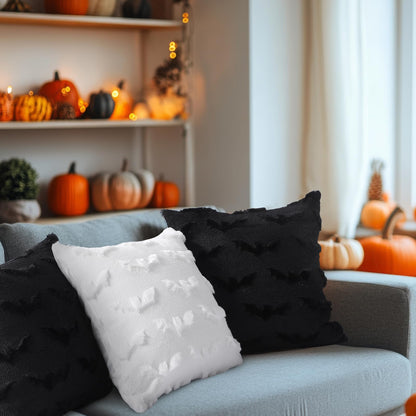 Geyoga Set of 4 Halloween Bat Pillow Covers 18x18 Inch Black White Bat Throw Pillow Cases Soft Plush Faux Fur Couch Cushion Case for Chair Sofa Bedroom Living Room Home