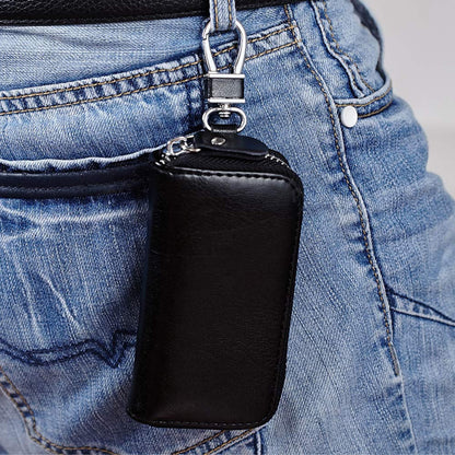 Genuine Leather Key Holder Bag with 2 Card Slots & 6 Hooks, Access Card Key Case Wallet for Men & Women (Black)