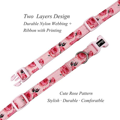 Dog Collar Leash Set, Floral Pattern, Nylon Webbing Plus Cotton Ribbon, 5ft Matching Leash, for Small Dogs.(S, Pink Rose)