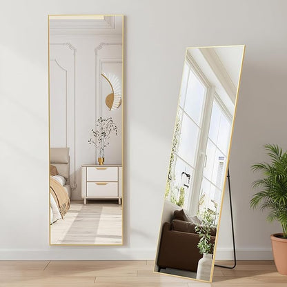 NEWBULIG Mirror Full Length, 16"x59" Body Wall Mirrors with Shatter-Proof Glass, Upgraded Floor Standing Mirror, Hanging or Leaning, with Stand Aluminum Alloy Frame for Home Decor, Bedroom, Gold