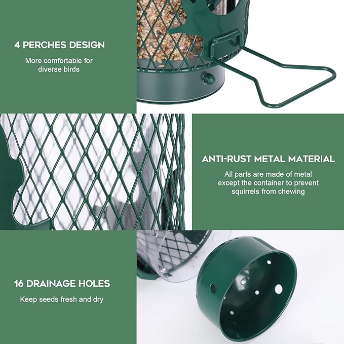 Gbekery Squirrel Proof Bird Feeder for Outdoors Hanging, Metal Mesh Bird Feeder for Outsides with Gravity Protection for Small Birds, Weatherproof and Durable, Green