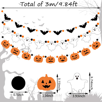 Doumeny 3Pcs Halloween Felt Garland Ghost Bat Felt Bunting Banner Pumpkin Pompom Ball Bunting Flag Black Orange White Ball Garland Halloween Hanging Banner for Party Fireplace Home Wall Decor