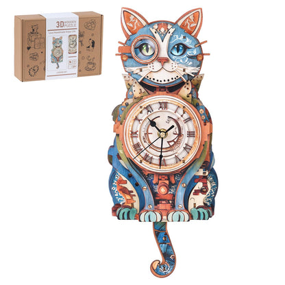 Rnfinewow 3D Wooden Puzzles for Adults, Detective Cat Clock with Pendulum Model Kit, 3D Puzzles for Adults Room Home Decor DIY Wall Clock Kit, Holiday Birthday Christmas Day Gifts for Men Women
