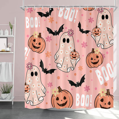 Xiaoput Pink Halloween Shower Curtain, Cute Ghost Pumpkin Black Bat Boo Shower Curtains for Bathroom Decor, Funny Cartoon Spooky Halloween Fabric Bath Curtain Set with Hooks, 70X72IN