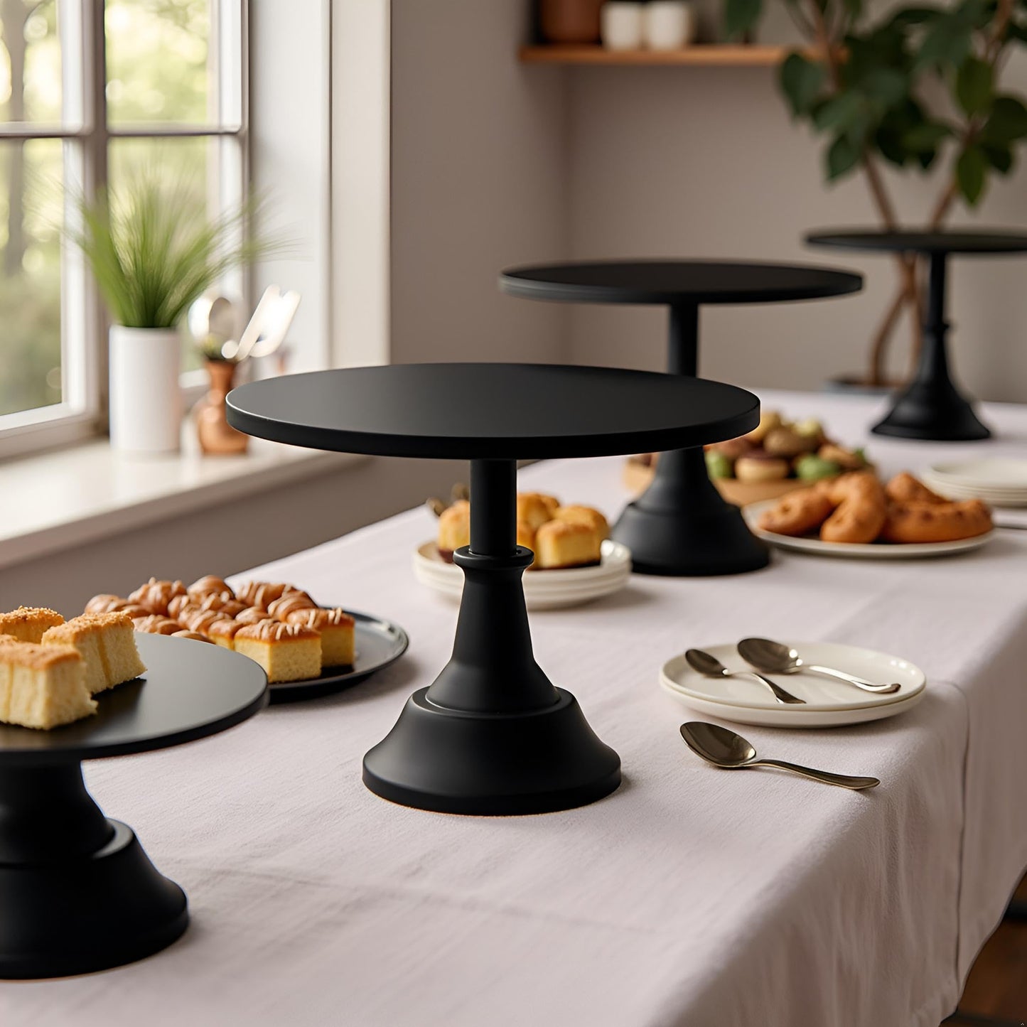 HBlife 3-PCS Black Cake Stand Set (8"/10"/12" Plate) for 6-10 Inch Cakes, Perfect Dessert Table Display Set, Cupcake&Cake Stands for Halloween, Black and Gold Party Decorations (Metal)