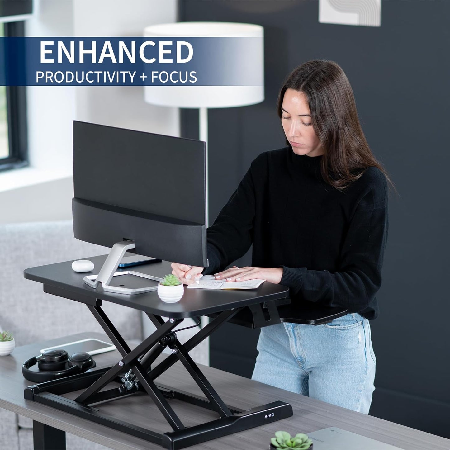 VIVO 28 inch Desk Converter, K Series, Height Adjustable Sit to Stand Riser, Dual Monitor and Laptop Workstation with Keyboard Tray, Black, DESK-V028KB