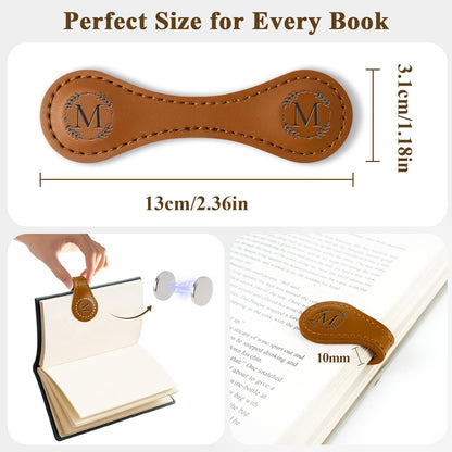 KIKIDWIS Personalized Leather Magnetic Bookmark with Pen Holder – Custom Initial Design for Readers（Brown-C）