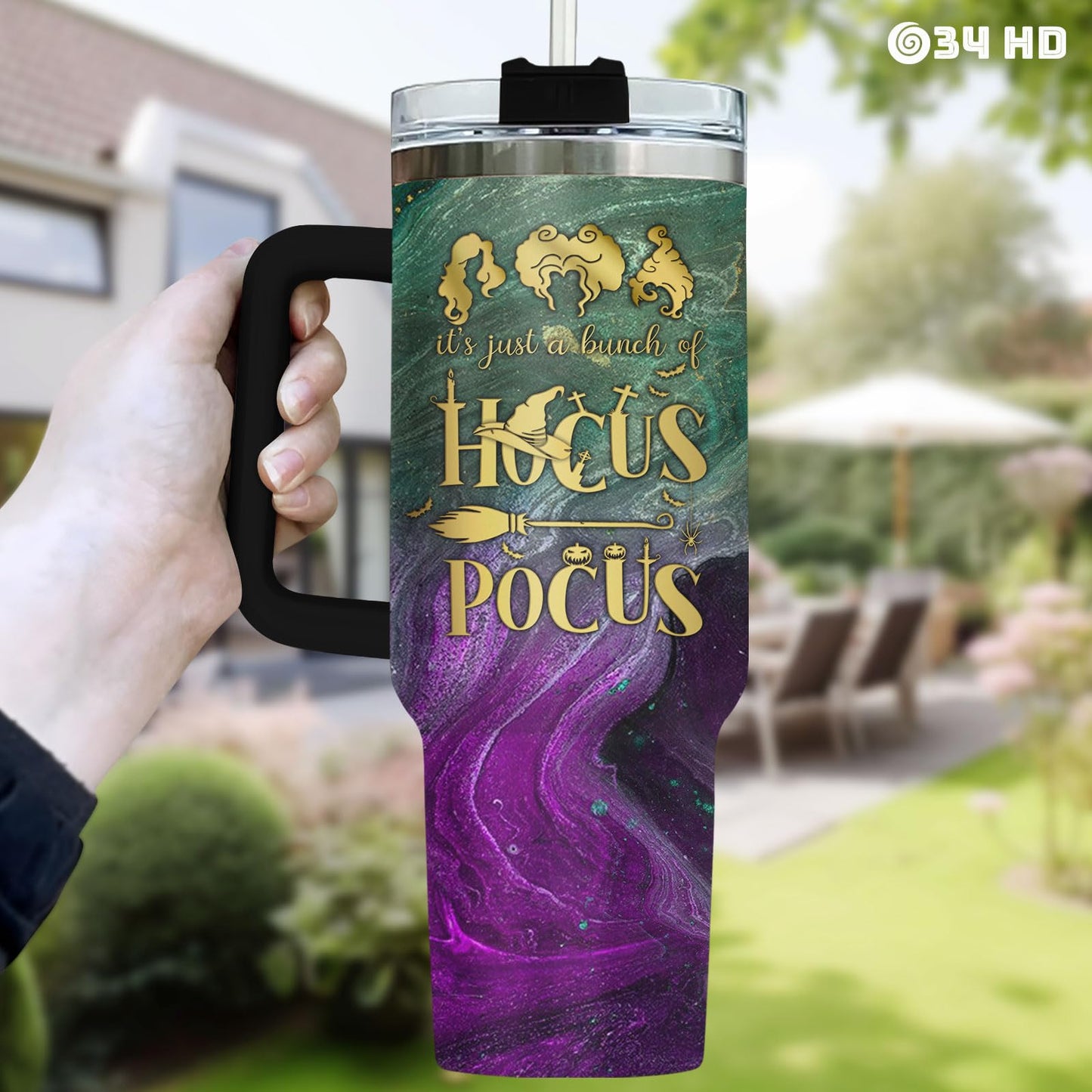 34HD Hocus Witch Tumbler 40oz with Handle Straw, Engraved Glorious Morning Stainless Steel Insulated Travel Coffee Cup - Spooky Birthday Gift for Festival Fans, Him Her & Movie Lovers