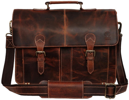 RUSTIC TOWN Handmade 16 inch Brown Leather Shoulder Briefcase Messenger Bag Men's 15.6-inch Laptop Satchel