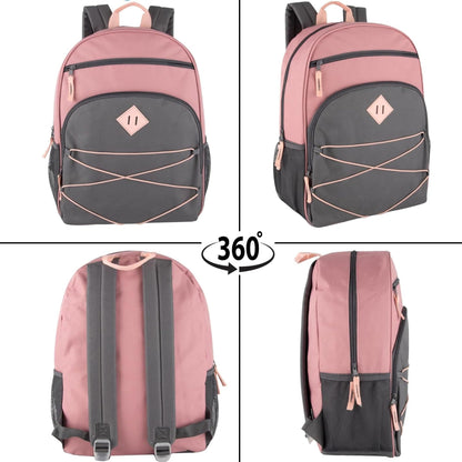 Summit Ridge Boys and Girls School Backpacks with Bungee Cord Front | 17” Multi Pocket Backpack for Kids, Teens, Adults, Travel (Pink/Grey)