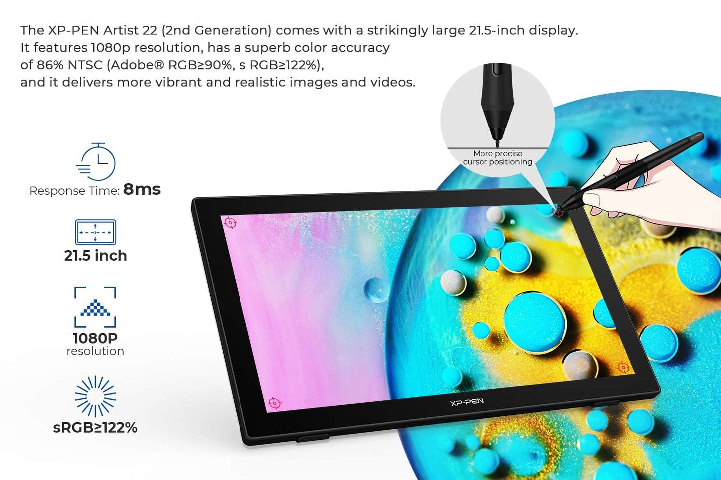 Drawing Tablet with Screen XPPen Artist 22 2nd Computer Graphics Tablet 122% sRGB with 8192 Levels Tilt Function Battery-Free Stylus, 21.5inch Pen Display Compatible with Windows, Mac, Linux
