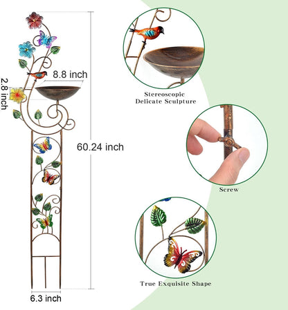 YADOOLIFE 57” Bird Bath with Garden Trellis for Climbing Plants Outdoor, Small Decorative Trellises Metal Birdbath Bird Baths, 1 Piece (Butterfly)