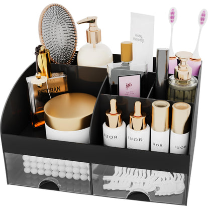 Makeup Organizer with Drawers, Cosmetic Storage for Dresser Vanity and Bathroom Countertop, Beauty Holder for Lipstick Brush, Skincare Organizer for Vanity, Cosmetic Display Case (Black)