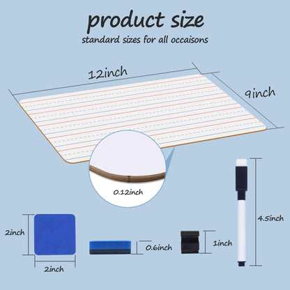 24 Pack Dry Erase Boards, 9"x12" Double Sided Easel Small Whiteboards with Lines for Kids, Students, Education Teacher Classroom, Mini Portable Learning White Boards with 24 Markers, 24 Erasers