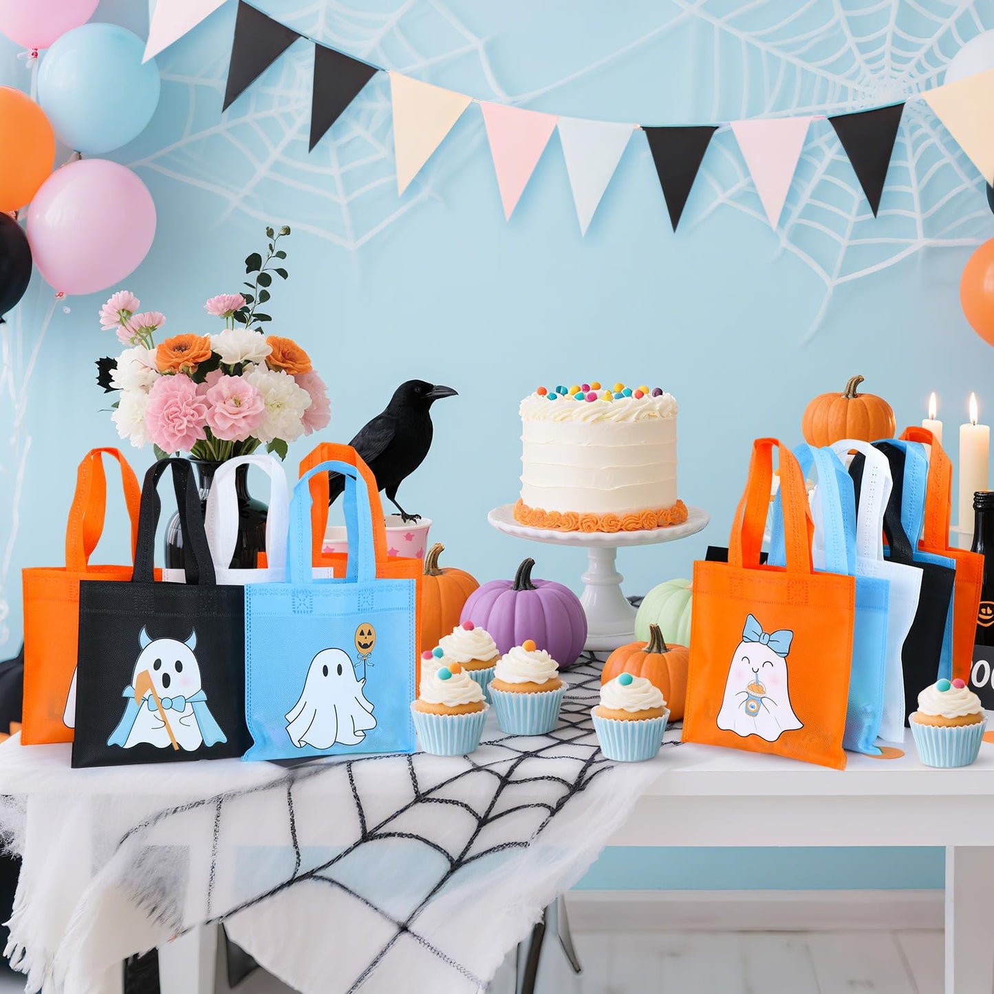 20Pcs Blue Summerween Ghost Party Favor Bags, Non Woven Summer Halloween Treat Bags Gift Bags, Cute Ghost Goodie Candy Tote Bag for Spooky One Two Spooky Birthday Little Boo Baby Shower Party Favor