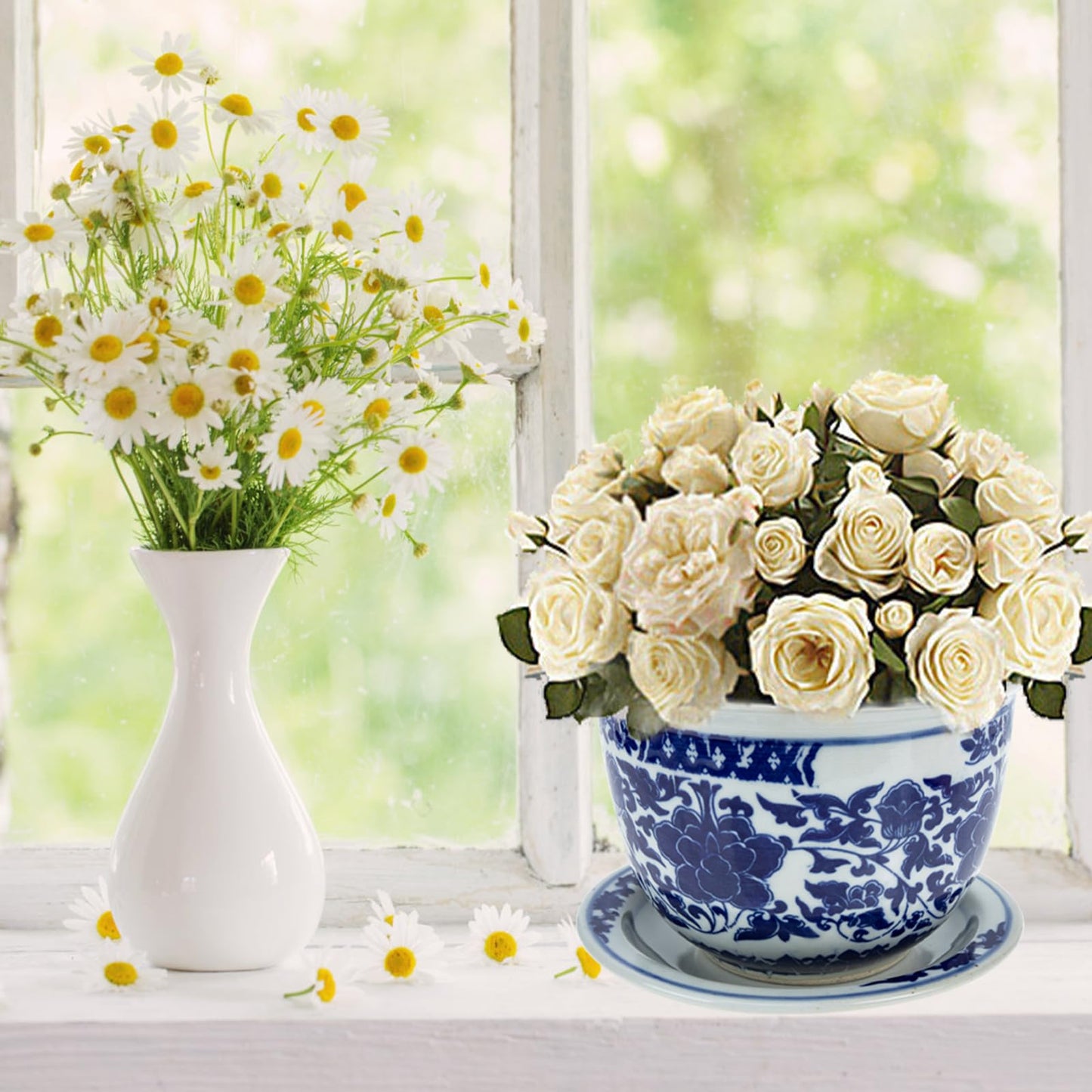 Angoily Blue and White Ceramic Planter 1 Set Chinese Ceramic Flower Pots Decorative Succulent Plant Pot with Trays for Indoor Outdoor Desktop Garden Balcony