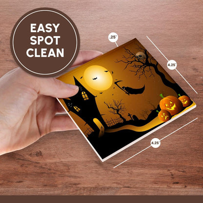 3dRose CST_152289_3 Halloween House with Pumpkins, Skulls, and Bats and The Grim Reaper Ceramic Tile Coasters, Set of 4