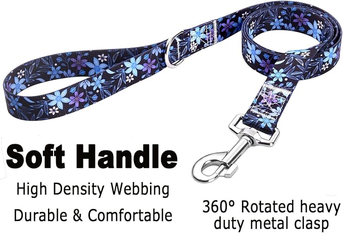 Mihqy Dog Collar and Leash Set with Bohemia Floral Tribal Geometric Patterns - Soft Ethnic Style Collar Adjustable for Small Medium Large Dogs(Blue Floral Set,L)