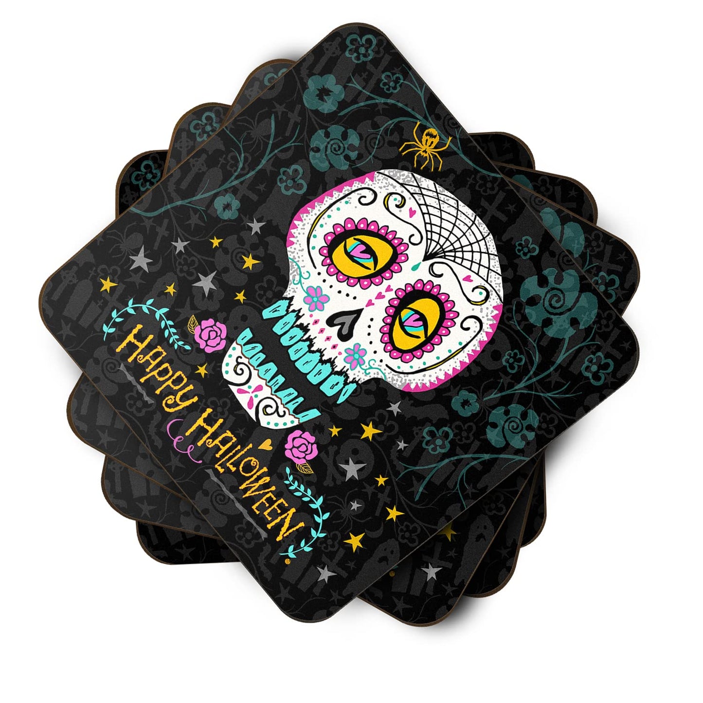 Caroline's Treasures VHA3035FC Happy Halloween Day of The Dead Foam Coaster Set of 4 Set of 4 Cup Coasters for Indoor Outdoor, Tabletop Protection, Anti Slip, Mouse pad Material