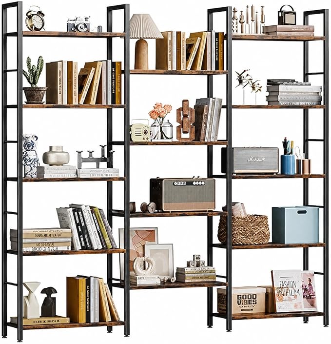 Shintenchi Triple 5 Tier Bookshelf, Industrial Large Bookcase with 14 Open Display Shelves, Large Etagere Bookshelf,Wide Book Shelf Book Case for Home & Office, Brown