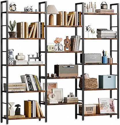 Shintenchi Triple 5 Tier Bookshelf, Industrial Large Bookcase with 14 Open Display Shelves, Large Etagere Bookshelf,Wide Book Shelf Book Case for Home & Office, Brown