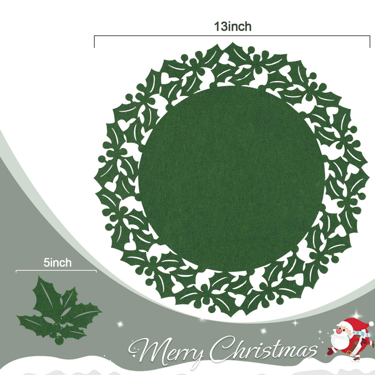 Noctiflorous Round Felt Placemats with Coasters Set of 6 Diameter 13 inch Non Slip Place Mats Heat Resistant Durable Tablemats Fall Table Decorations for Dining Table(Christmas Green, 6)