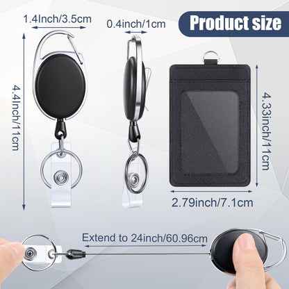 Dispowreath 12 Pack Badge Holders and Heavy Duty Retractable Reel Clips Set, Vertical Leather ID Badge Holders with Clear ID Window and Credit Card Slots for Keychain Key Card Nurse Office Credit