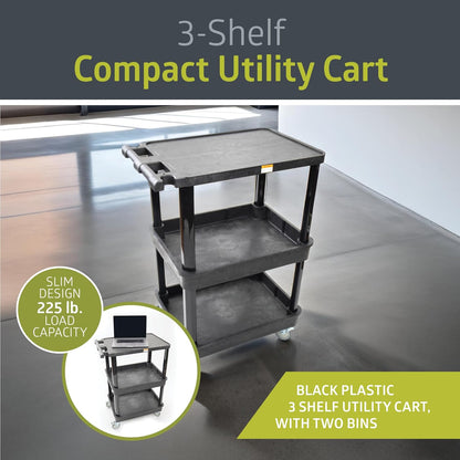 Pearington 3-Shelf Multipurpose Mobile Utility Cart with 2 Bins and Lockable Wheels, Heavy-Duty Plastic Rolling Presentation Cart for Offices and Warehouses, Black