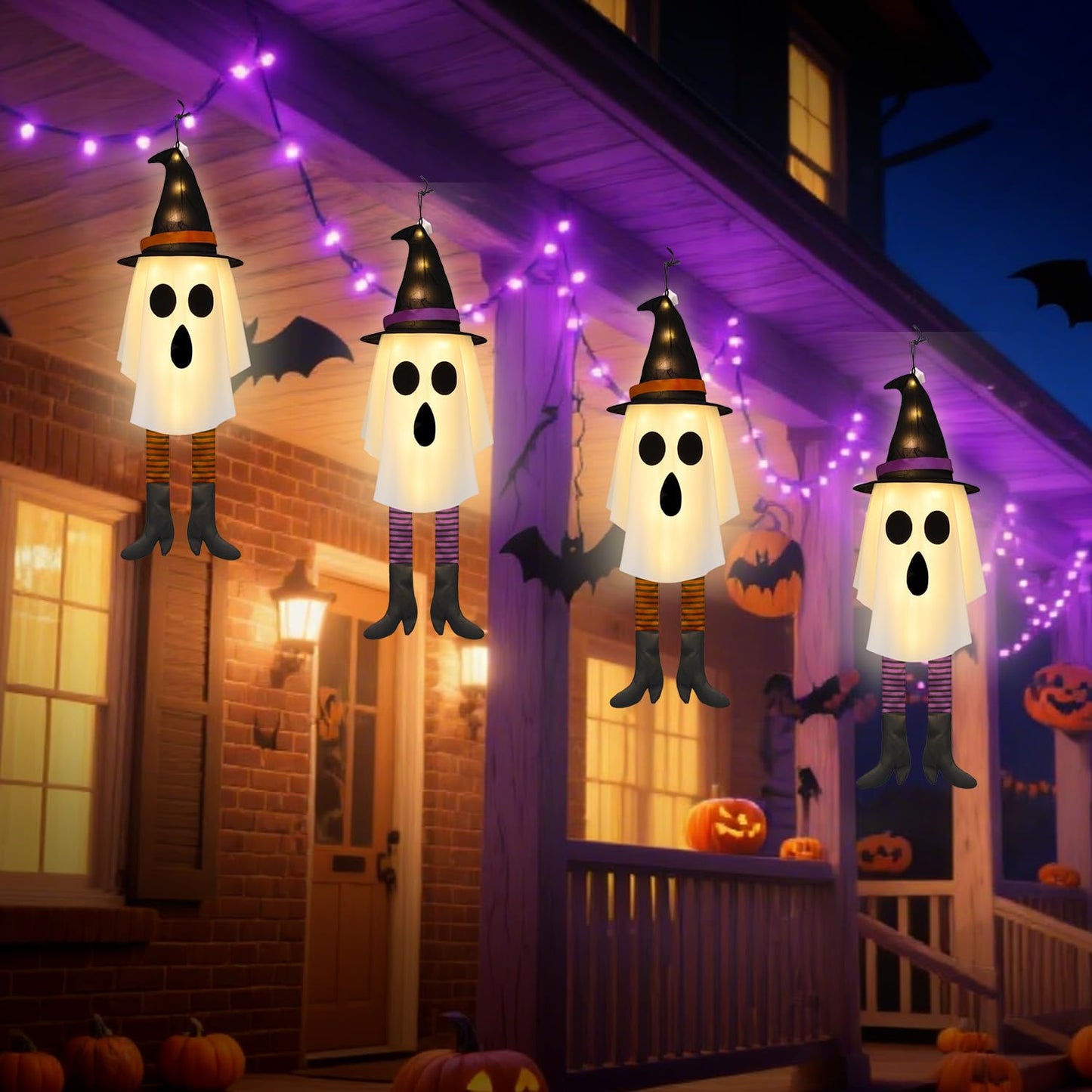 Halloween Ghost Decorations Outdoor Indoor, Hanging Ghost with Witch Hats & Strip Legs, Spooky Flying Ghost with LED String Lights, 3 Lighting Effects – Yard Porch Tree Floating Halloween Decor 2 PCS