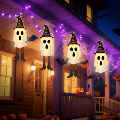 Halloween Ghost Decorations Outdoor Indoor, Hanging Ghost with Witch Hats & Strip Legs, Spooky Flying Ghost with LED String Lights, 3 Lighting Effects – Yard Porch Tree Floating Halloween Decor 2 PCS