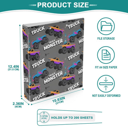 Monster Truck Black Round Ring Binders 1.5 Inch Racing Cars 3 Ring Clipboard Binder for Office School Work Supplies File Folder 200 Sheet Capacity
