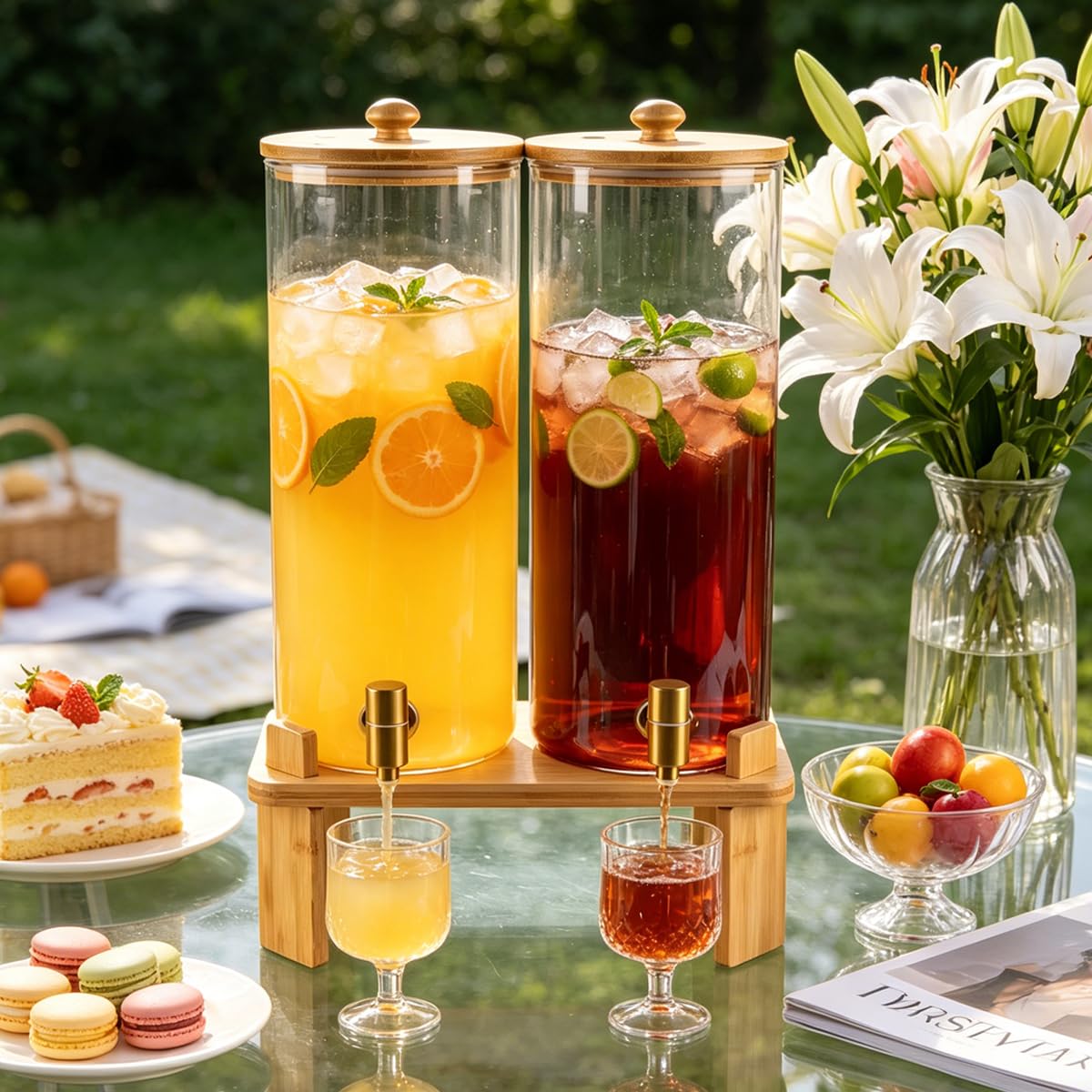 2 Gallon 2 PCS (4 gallon) Beverage Dispenser With Bamboo Wood Stand,Large Glass Drink Dispenser for Parties,Large Water Dispensers with Spigot,Juice Containers & Water Pitcher,Lemonade Dispenser