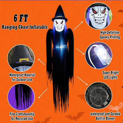 SRKLH 6FT Halloween Inflatables Hanging Ghost Outdoor Decorations Blow Up Yard Decor with Built-in LEDs for Tree Window Porch Lawn Party Decor