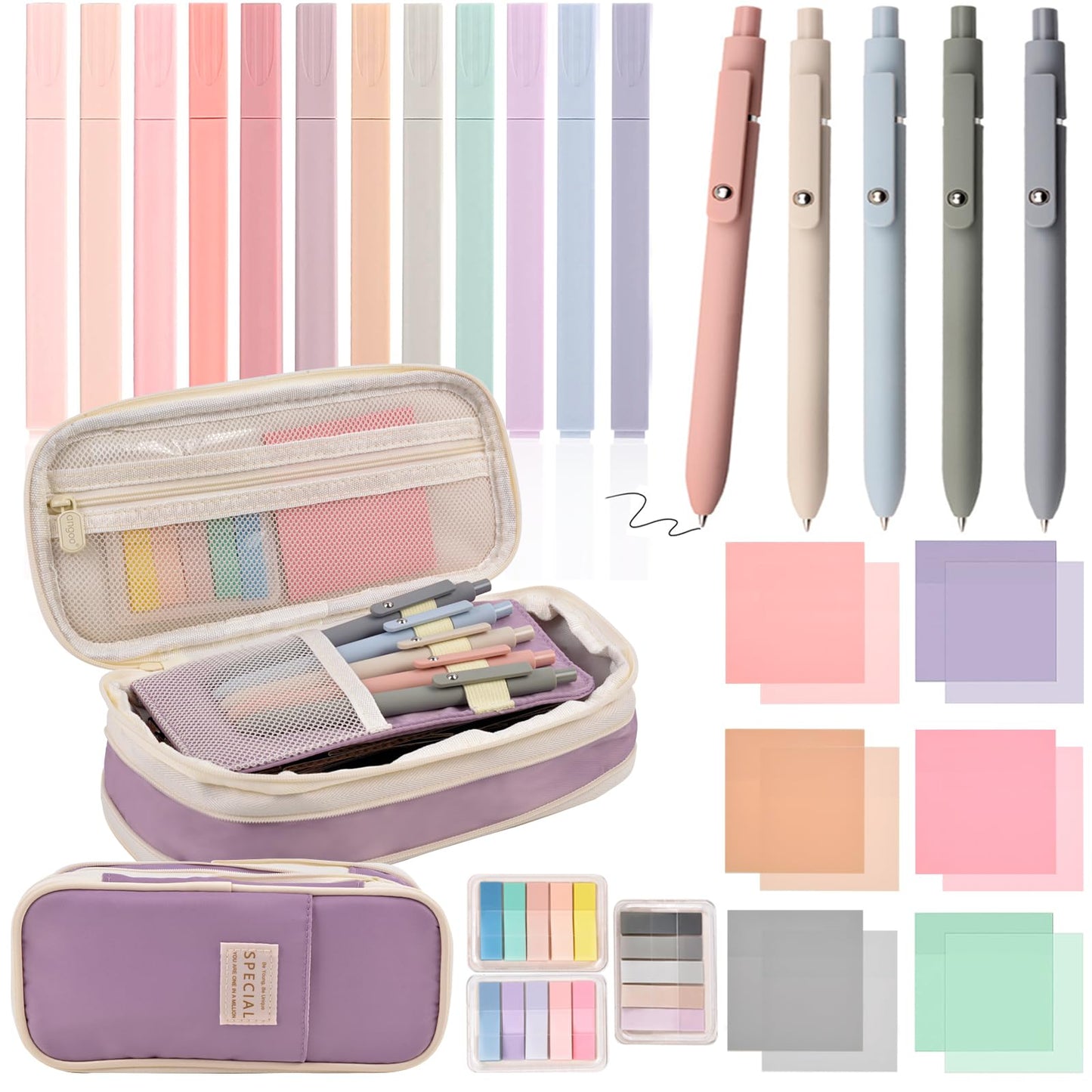 Aesthetic School Supplies with Pencil Pouch - 27Pcs Cute College Essentials Set, Big Capacity Pen Case, Pastel Highlighters, Bible Study Journaling Stationary, Annotation Kit Stuff Gift for Girls Teen