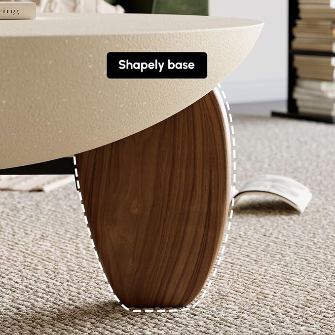 homary Round Concrete Coffee Table with Premium Walnut Ash Wood Legs, Modern Minimalist Cement Finish Center Table for Living Room (Beige, 37.4" W x 37.4" D x 14.4" H)
