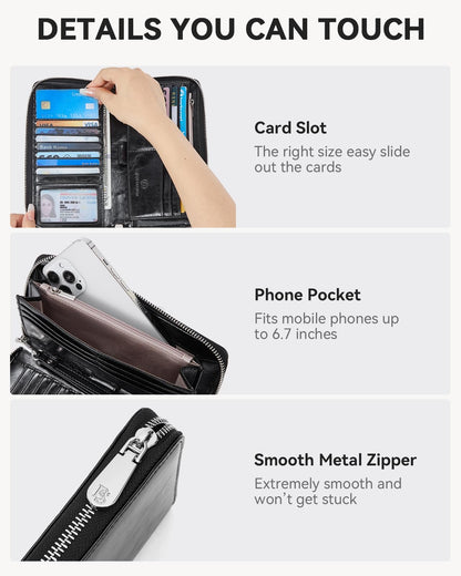BOSTANTEN Leather Wallet for Women RFID Blocking Zip Around Credit Cards Holder Phone Clutch Black