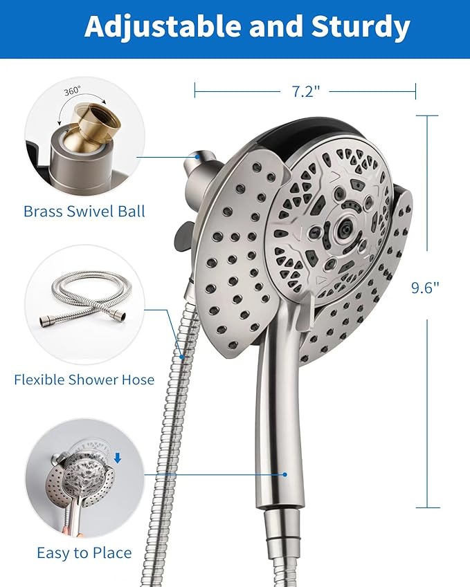 INAVAMZ Shower Head with Handheld High Pressure: Hand Held Shower Head & Rain Shower Head 2-IN-1 Shower Head with 59" Rotatable Stainless Steel Hose, Shower Trim Systems, Nickel 2.5 GPM 15391
