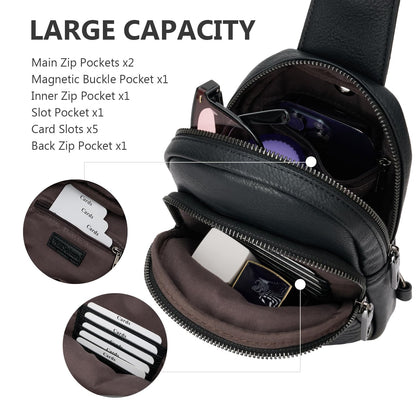 WILLSOLUNA Leather Crossbody Bags for Women Small Sling Bag Anti Theft RFID Chest Purse Fanny Pack for Travel (Black)