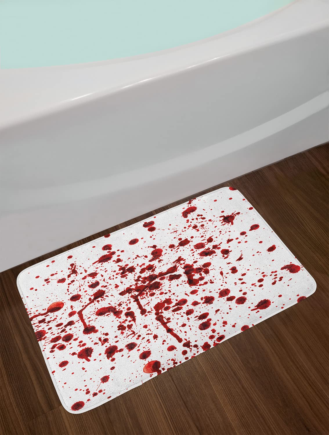 Ambesonne Horror Bath Mat, Splashes of Blood Grunge Style Bloodstain Horror Scary Zombie Halloween Themed Print, Plush Bathroom Decor Mat with Non Slip Backing, 30.2" x 20", White Red