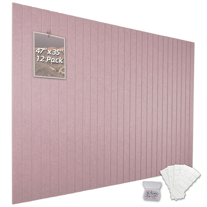 TENACR Cork Board Alternative-Felt Slat Wall Paneling,Office Bulletin Board for Decoration, Suitable for Displaying Photos and Documents, with Removable Adhesive Labels,12-Pack (Pink)