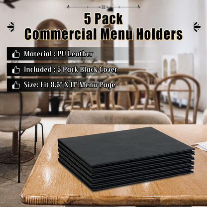 FLKQC Restaurant Menu Covers Holders 8.5 X 11, 5 Pack Synthetic Leather Menu Holder Covers Book Style with Angled Corners Black for Wine List, Certificate Organizer Diploma Holder (4 Page 6 View)