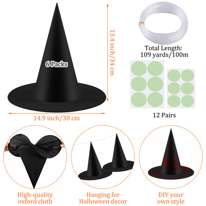 Fovths 12 Pieces Halloween Hanging Decoration With Glow Eyes - 6 Pack Black Witch Hat for Garden Yard Lawn Scary Decor Outside