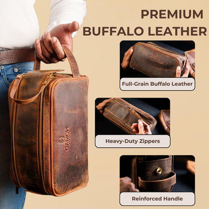 King Size Premium Leather Travel Toiletry Bag for Men and Women - Water-Resistant Dopp Kit - Mens Bathroom Bag, Shaving & Cosmetic Organizer - Toiletry Bag, Travel Bag Leather, Unisex Use