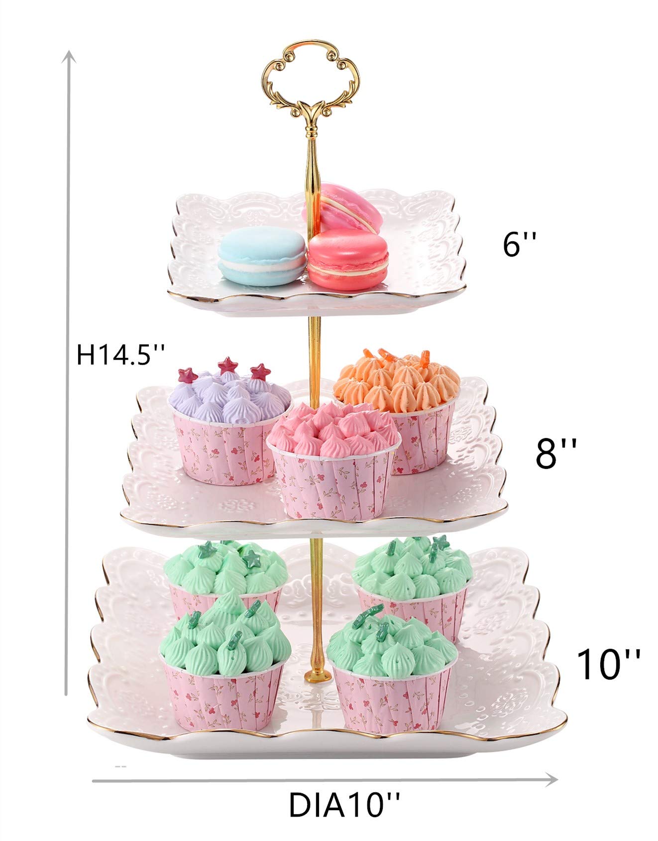 Sumerflos 3-Tier Square Porcelain Cake Stand, White Rimmed with Gold Embossed Cupcake Dessert Stand - Tiered Serving Tray for Tea Party and Show